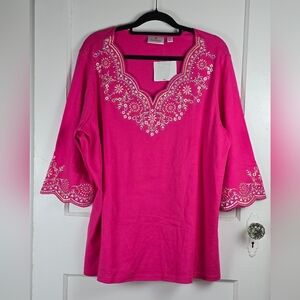 NWT Quacker Factory Pink Cotton Embroidered Floral Top 2X